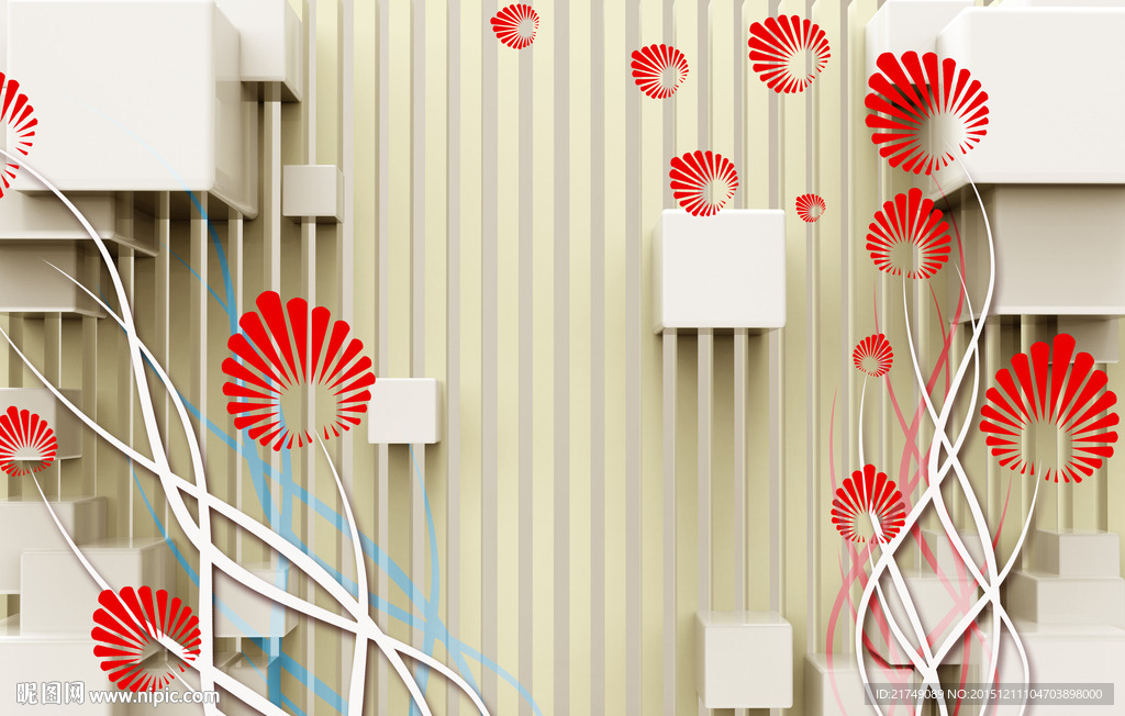 手绘小花3D电视背景墙