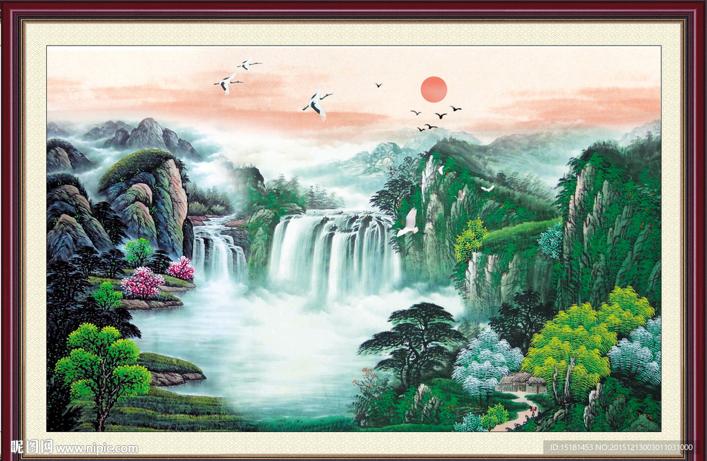 山水国画瀑布