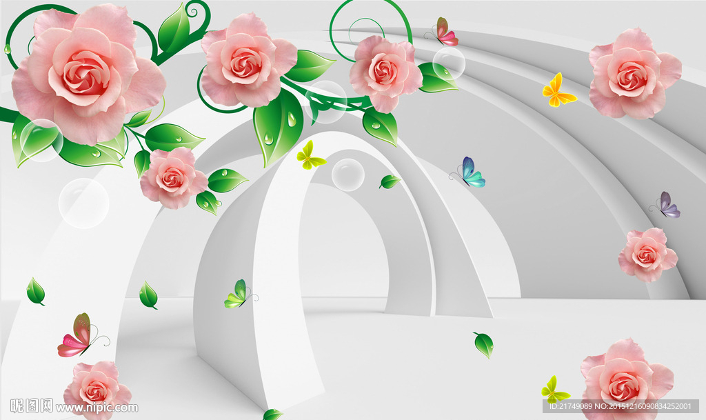 3D立体墙画玫瑰花藤电视背景墙