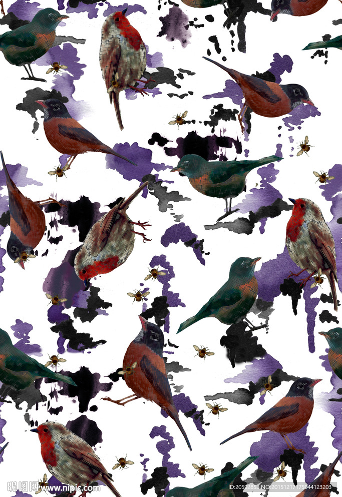 四方连续迷彩鸟装饰印花图案
