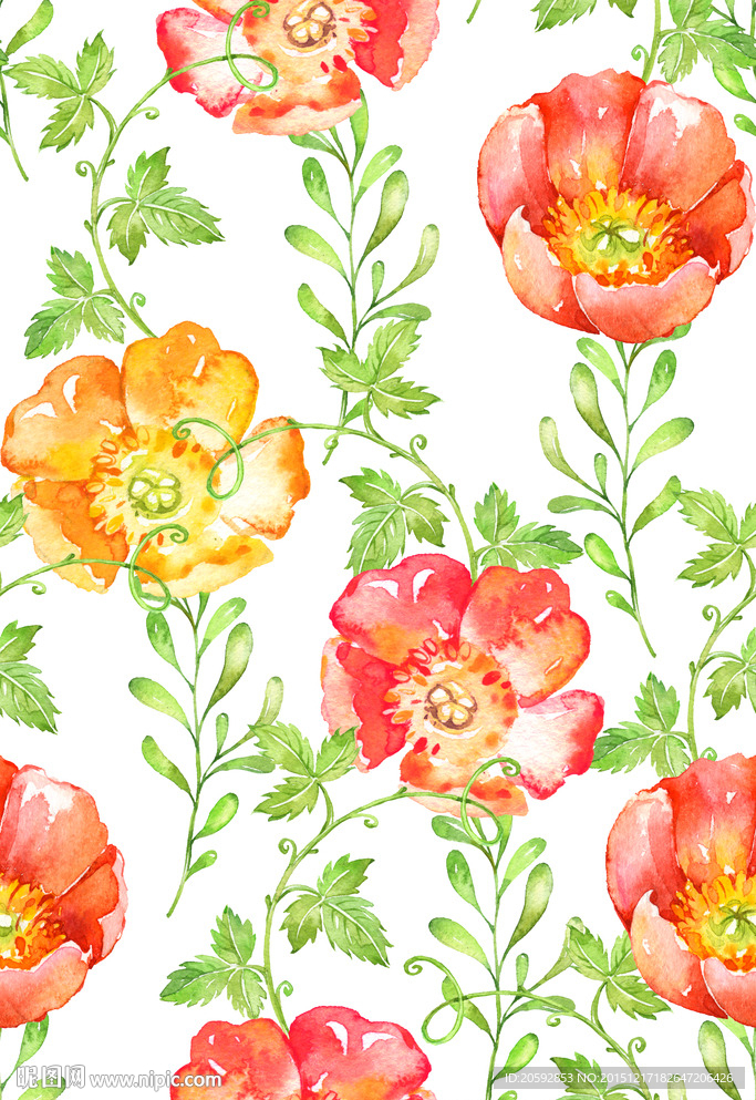 四方连续手绘水彩花卉叶子印花