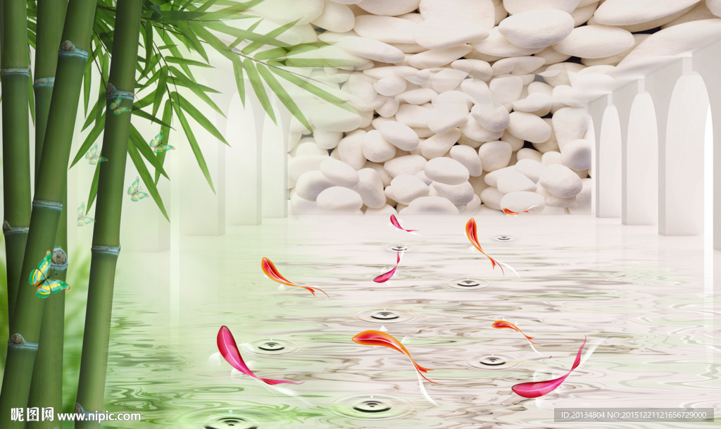 空间石头竹子鱼电视背景墙