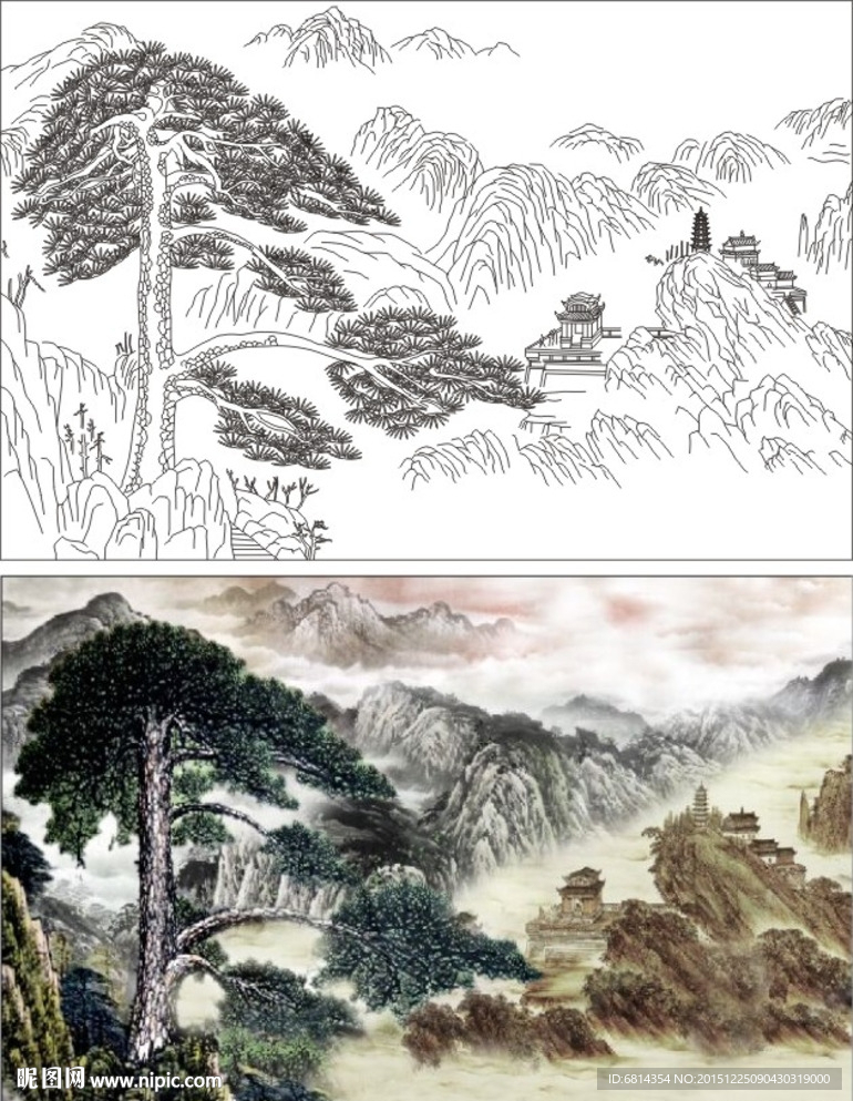 迎客松 山水画 艺术玻璃