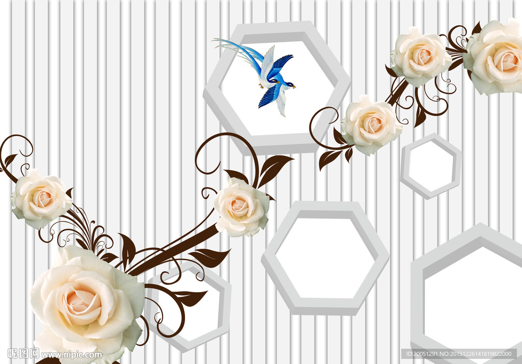 3d背景墙 白色玫瑰