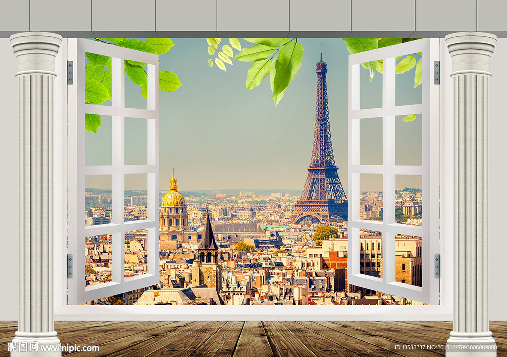 3D立体巴黎铁塔窗户壁画背景墙