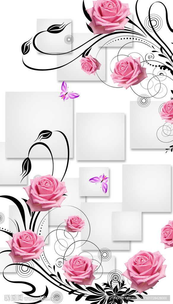 客厅3D玫瑰花纹电视背景墙图片