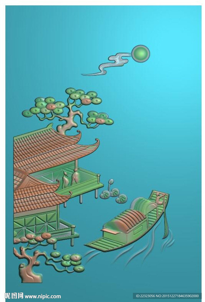 玉雕挂件山水牌子精雕图灰度浮雕