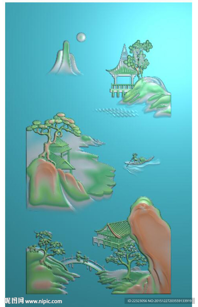 玉雕山水挂件牌子精雕图灰度浮雕