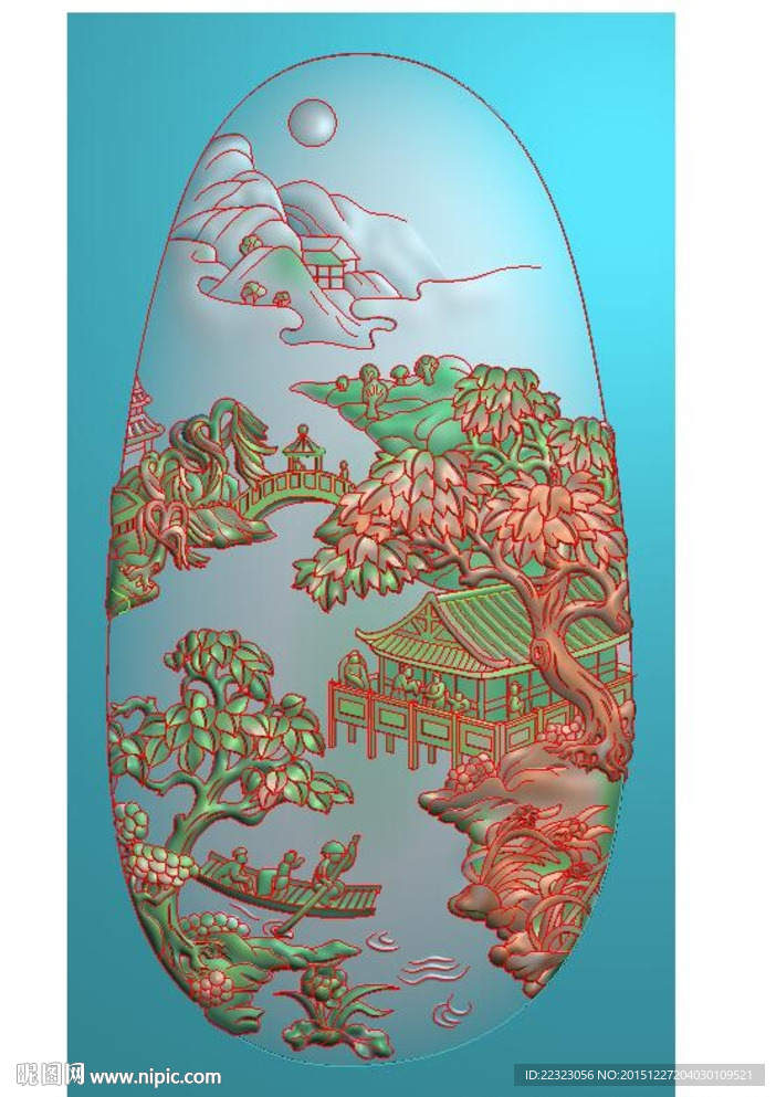 玉雕山水椭圆挂件精雕图灰度浮雕
