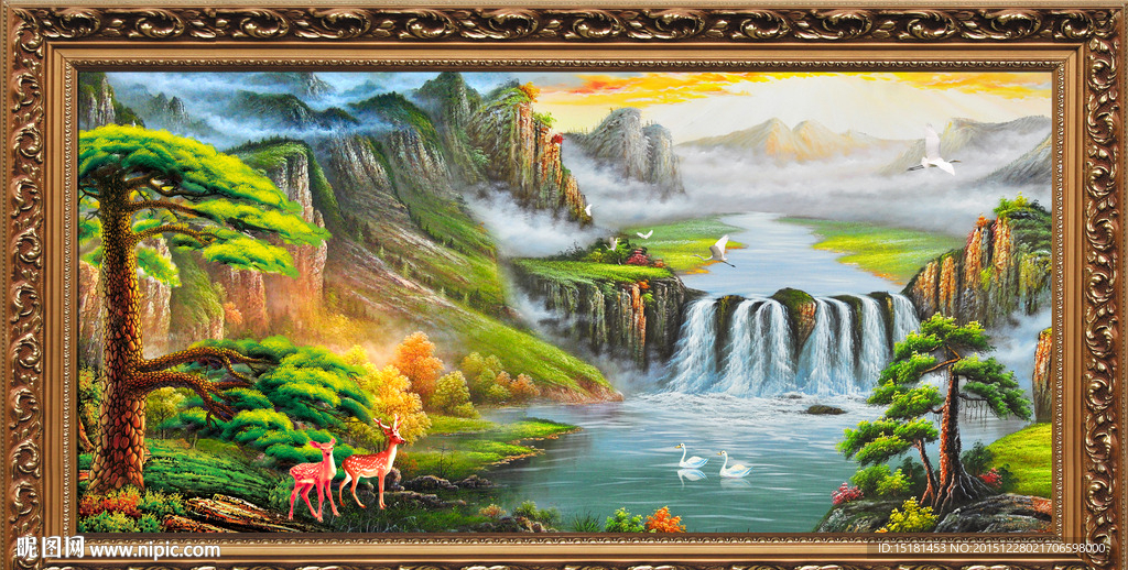 山水油画迎客松