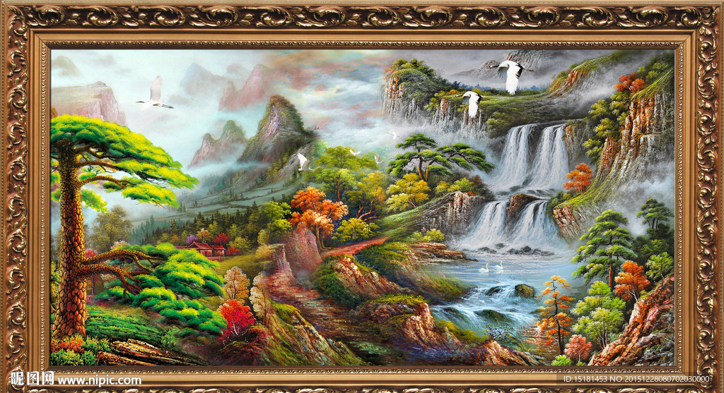 油画风景迎客松