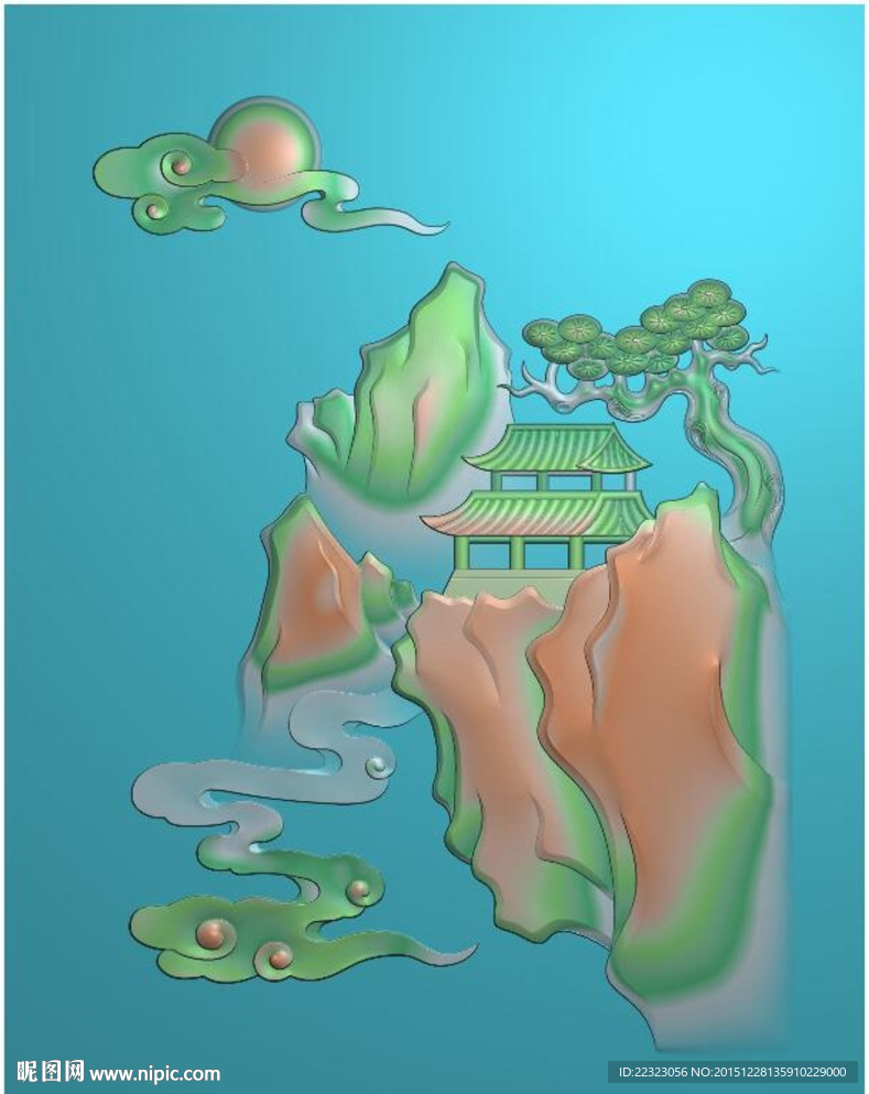 玉雕山水挂件牌子精雕图灰度浮雕