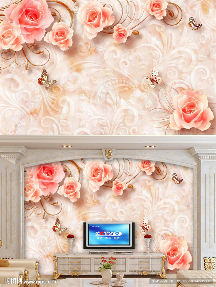 欧式大理石浮雕玫瑰电视背景墙