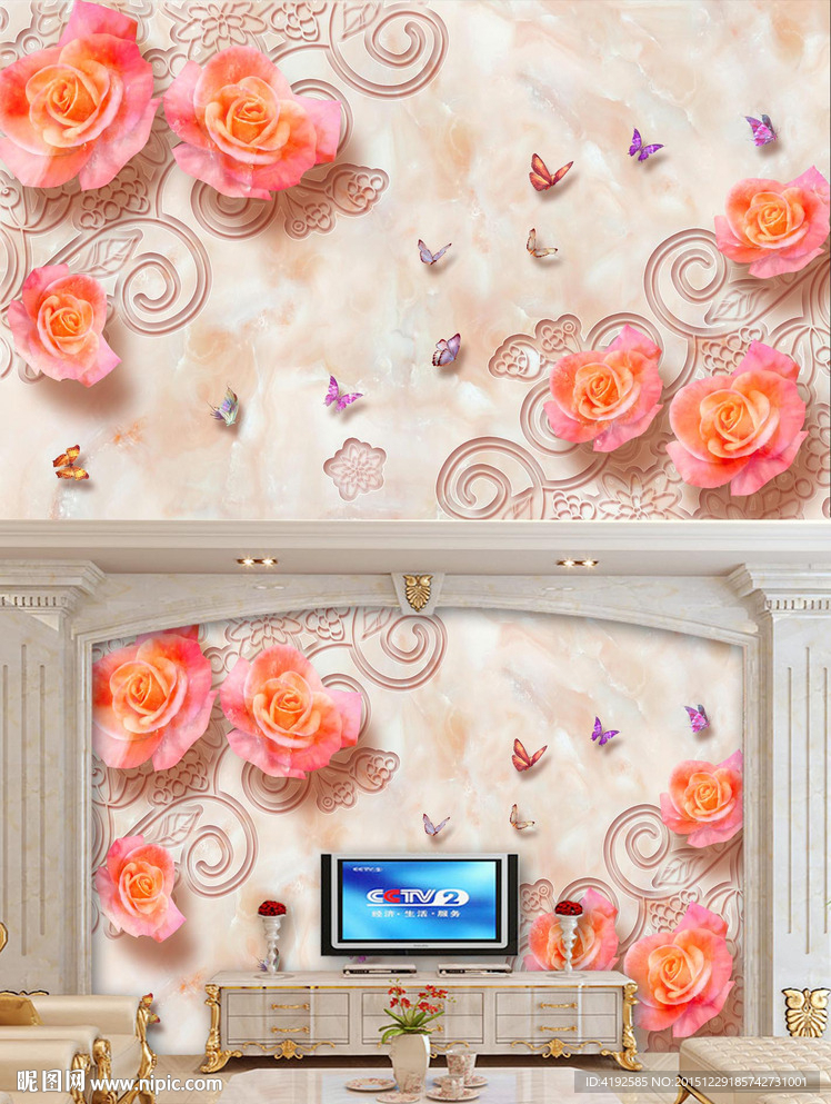 大理石玫瑰蝴蝶 电视背景墙