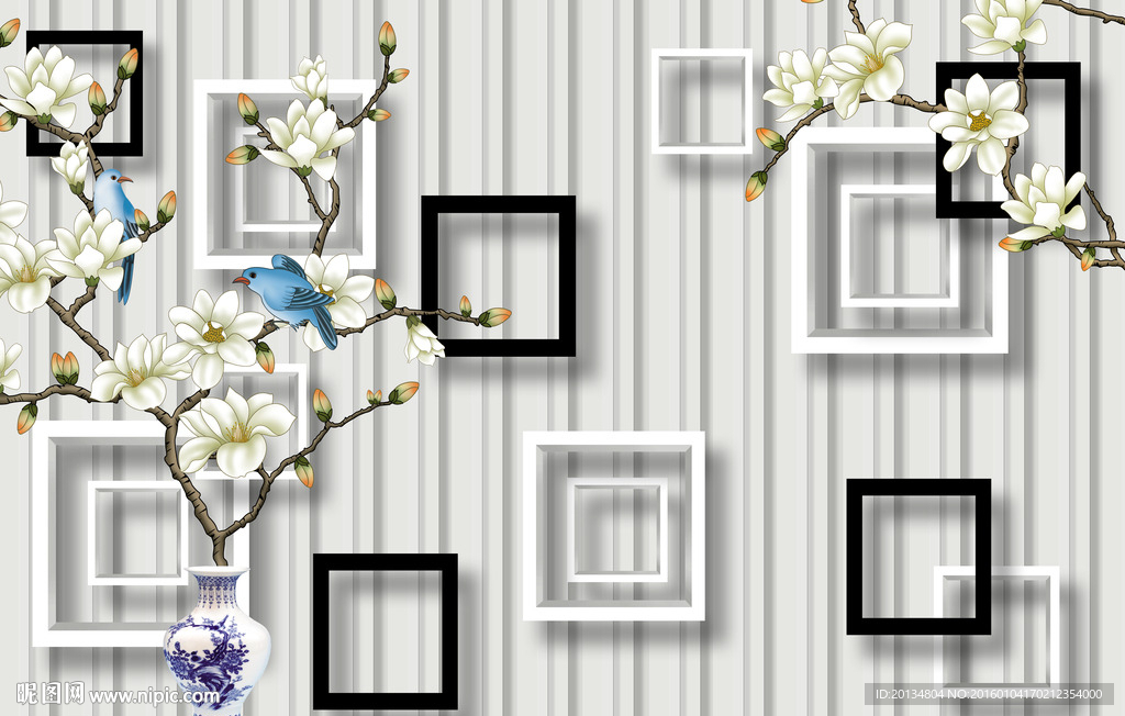 3D方块花鸟瓶子背景墙
