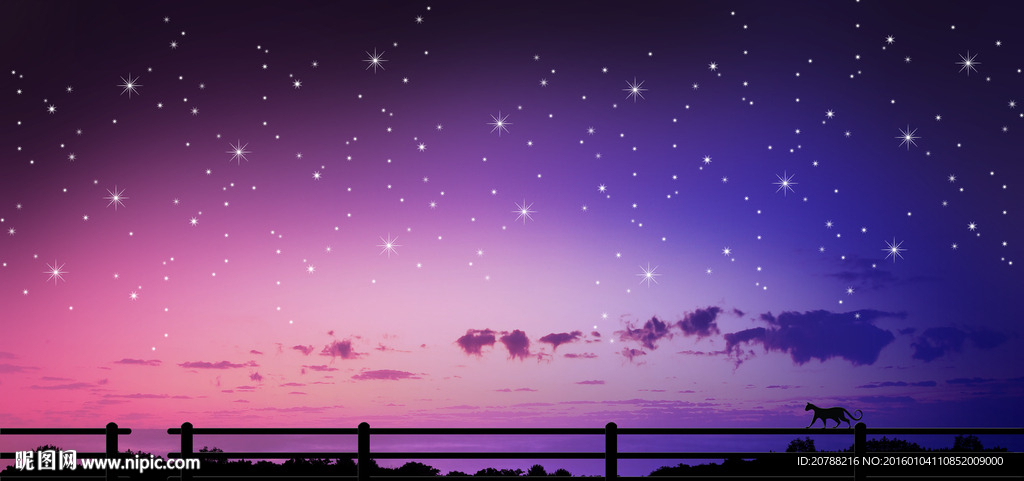 漫画栏杆猫咪星空背景墙