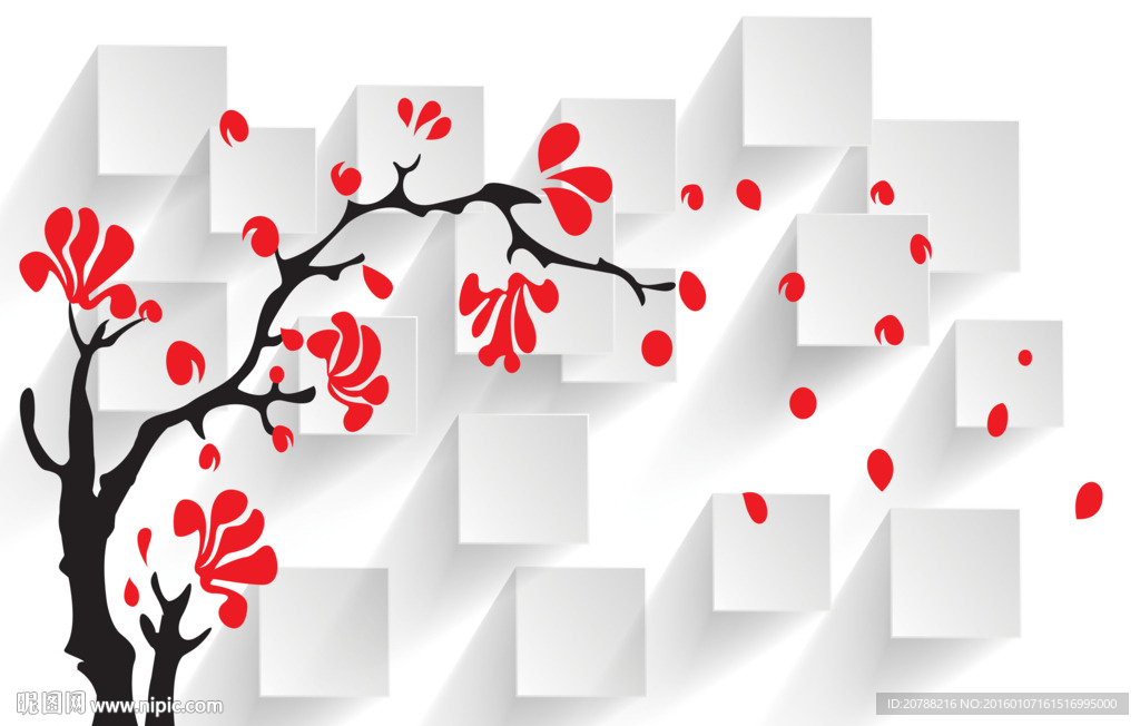 3D方片红梅报春背景墙