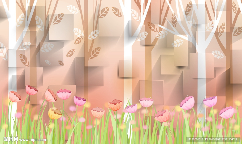 时尚卡通树林花丛背景墙