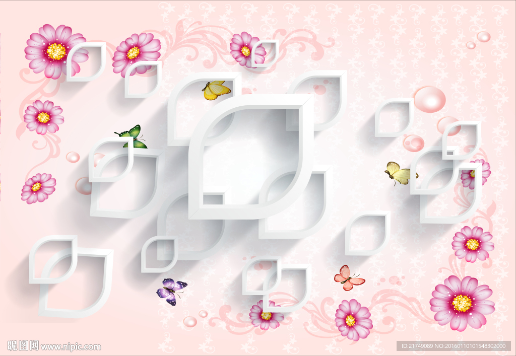 梦幻粉色立体手绘花背景墙壁画