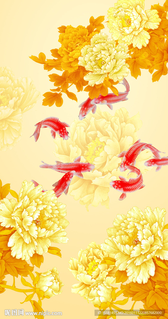 富贵九鱼牡丹图