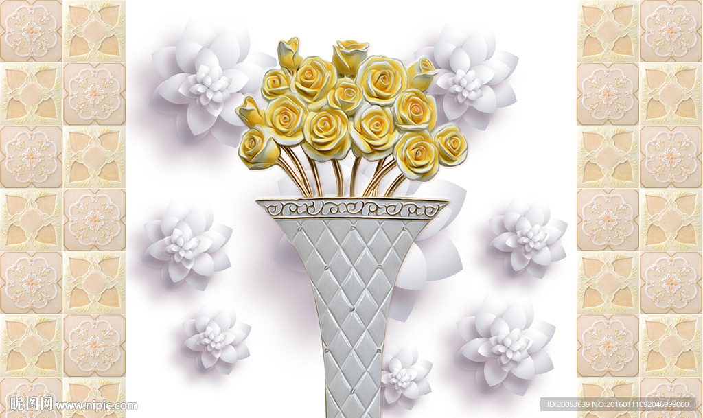 3d莲花玉雕花瓶电视背景墙