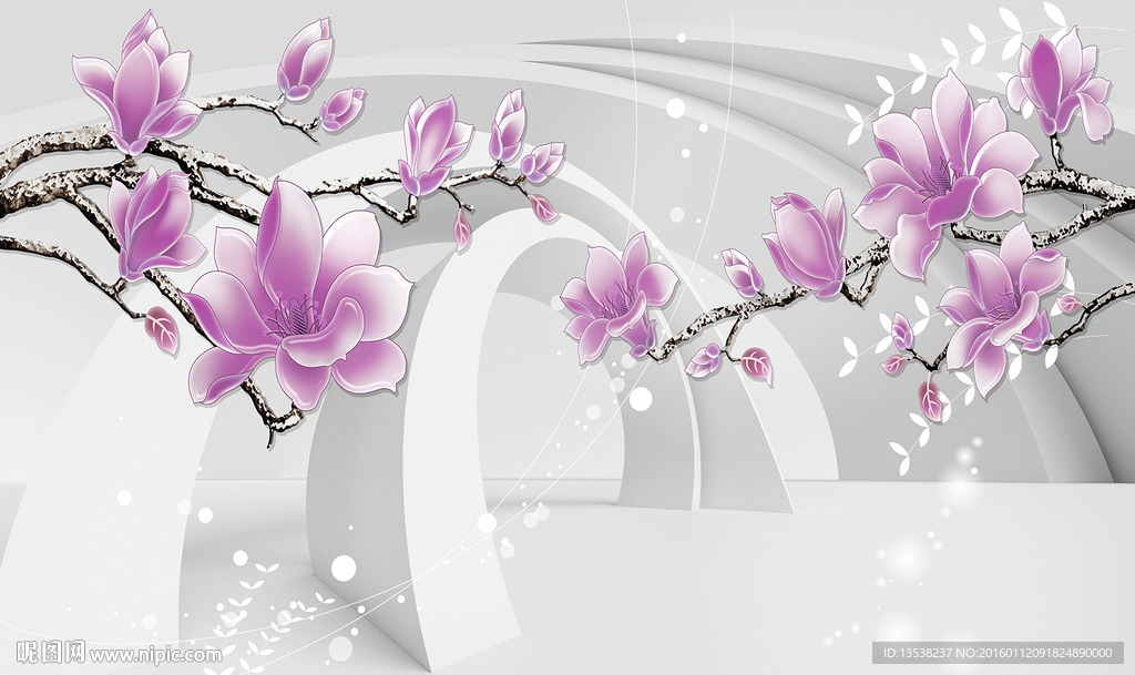 紫色花卉立体背景墙壁画