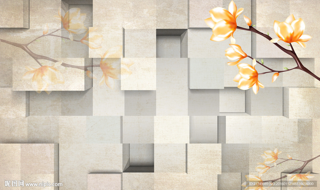 客厅3D玉兰花电视背景墙图片