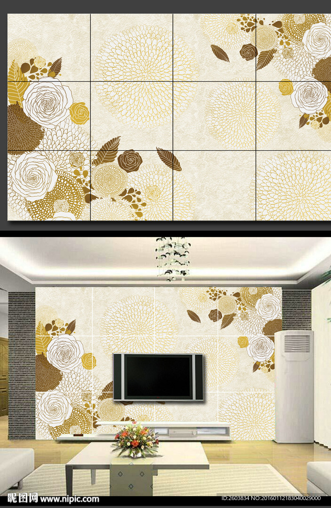 淡雅时尚花卉背景墙平面展开图