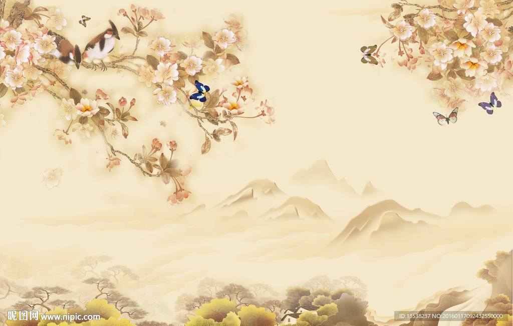 中式花鸟图个性壁画背景墙