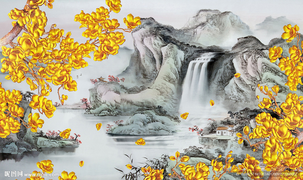 金色花卉山水壁画