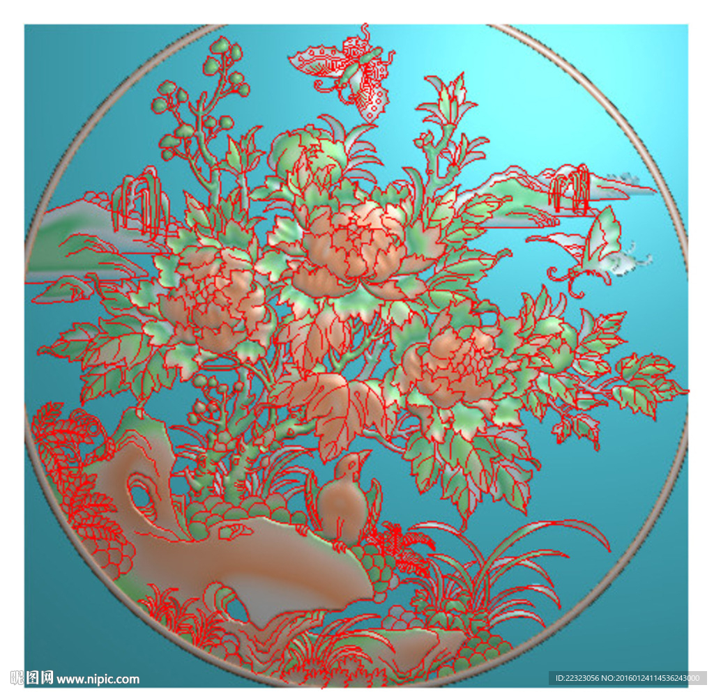 富贵牡丹圆盘花鸟蝴蝶精雕灰度