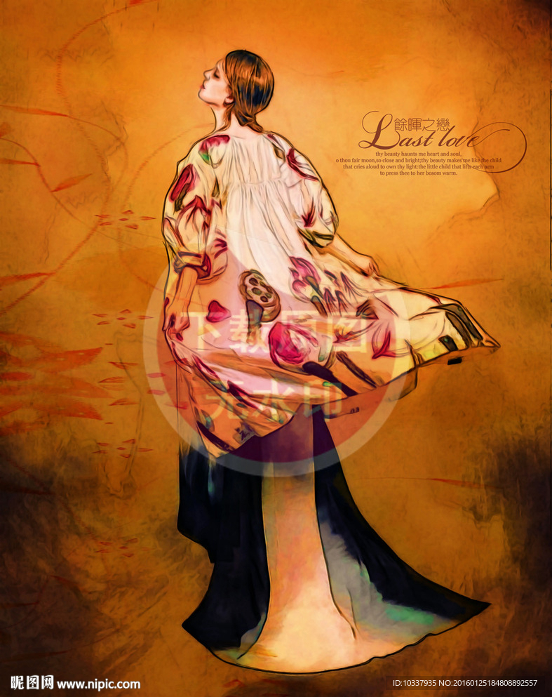 复古礼服女人背影插画分层图