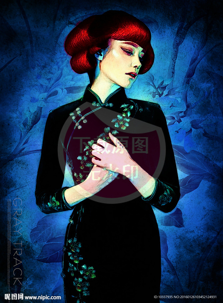 旗袍少女插画分层