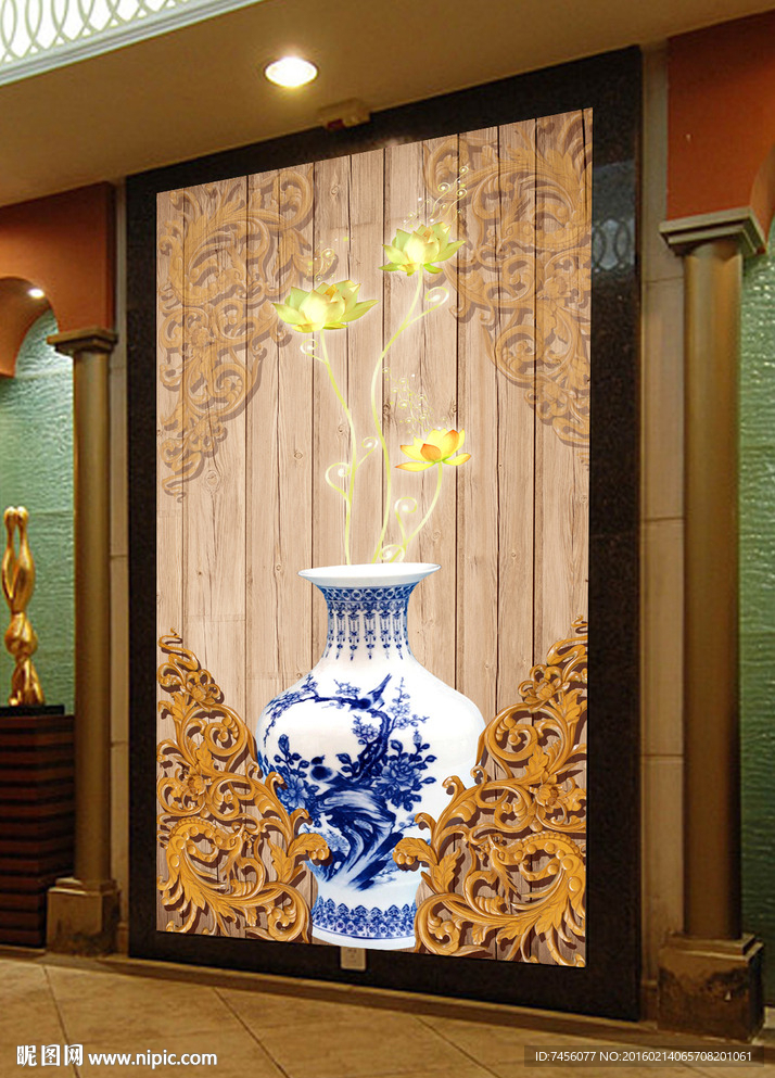 青花瓷花瓶木板立体玄关平面图设计图__psd分层素材_psd分层素材_设计