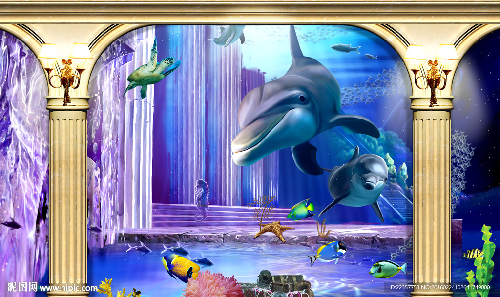 3D海底世界鲨鱼电视背景墙