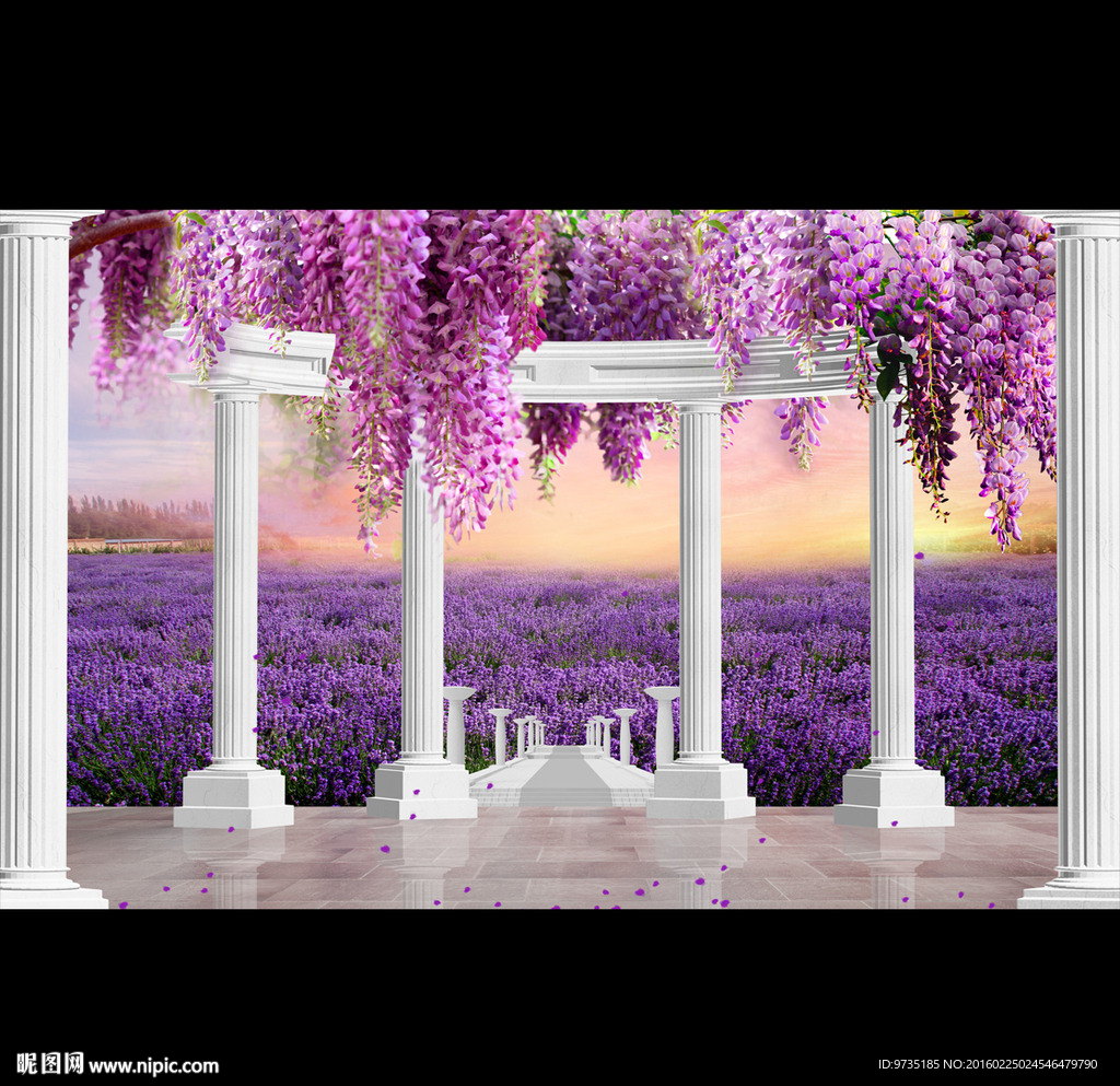 紫藤花薰衣草田园风景背景
