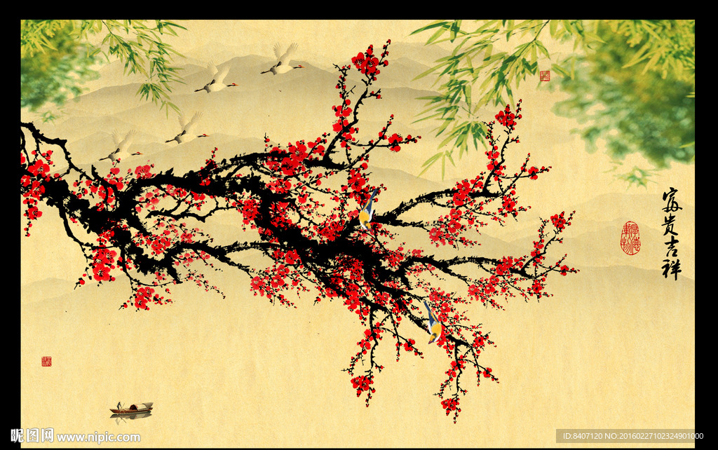 国画梅花背景墙