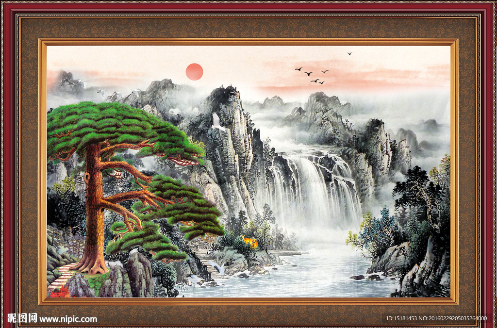 旭日东升 国画迎客松