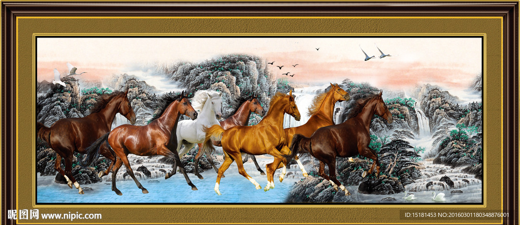 国画风景 八骏图