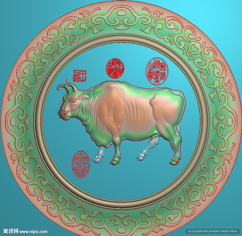 十二生肖福牛圆盘精雕灰度浮雕