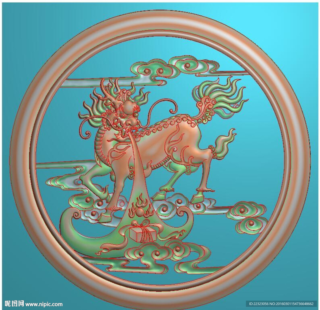 圆形麒麟吐火祥云精雕灰度浮雕