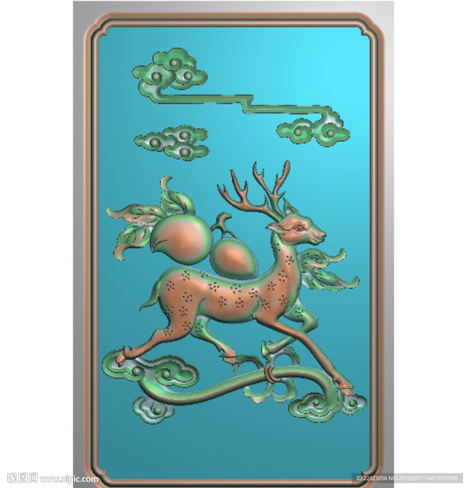 桃子梅花鹿祥云如意精雕灰度浮雕