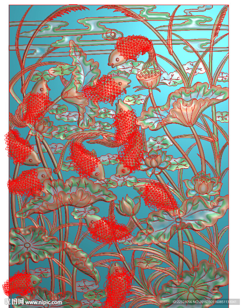 镂空荷花鲤鱼屏风精雕浮雕灰度