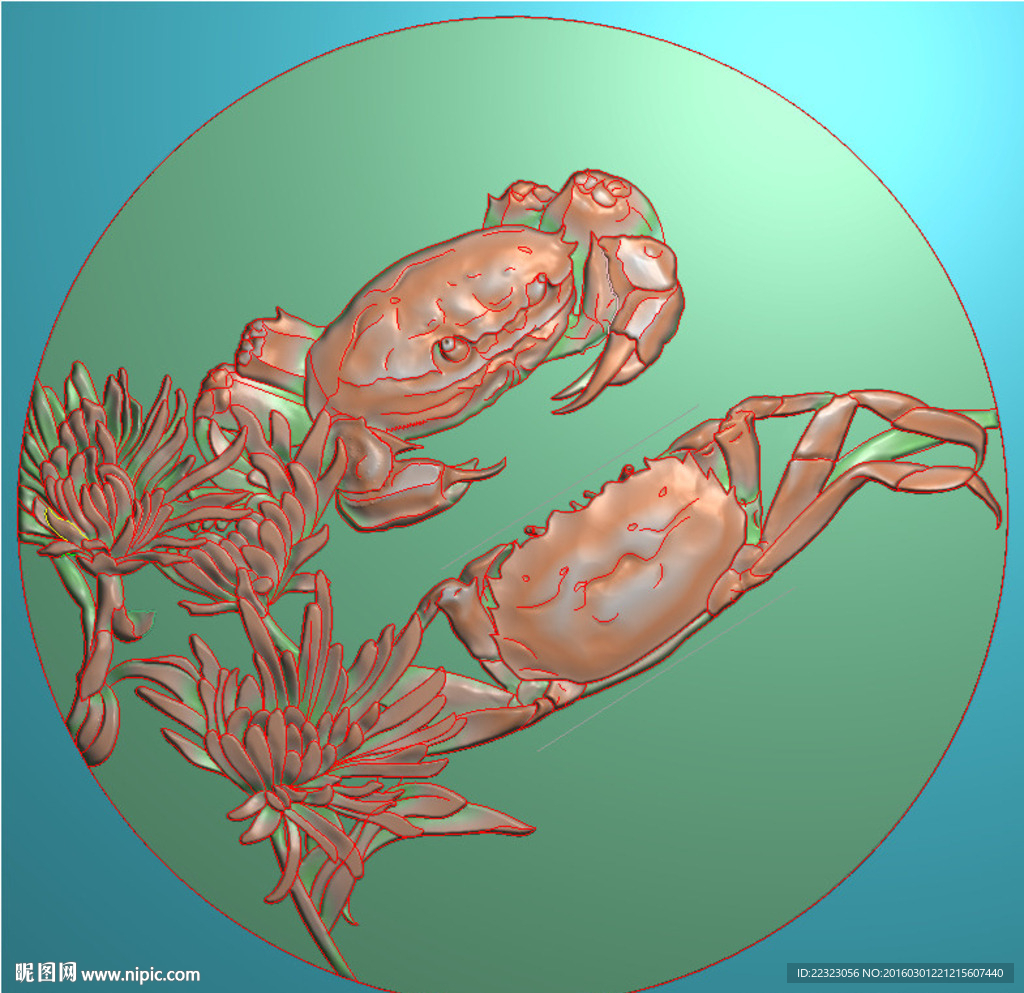 圆台工艺品螃蟹花鸟精雕浮雕灰度
