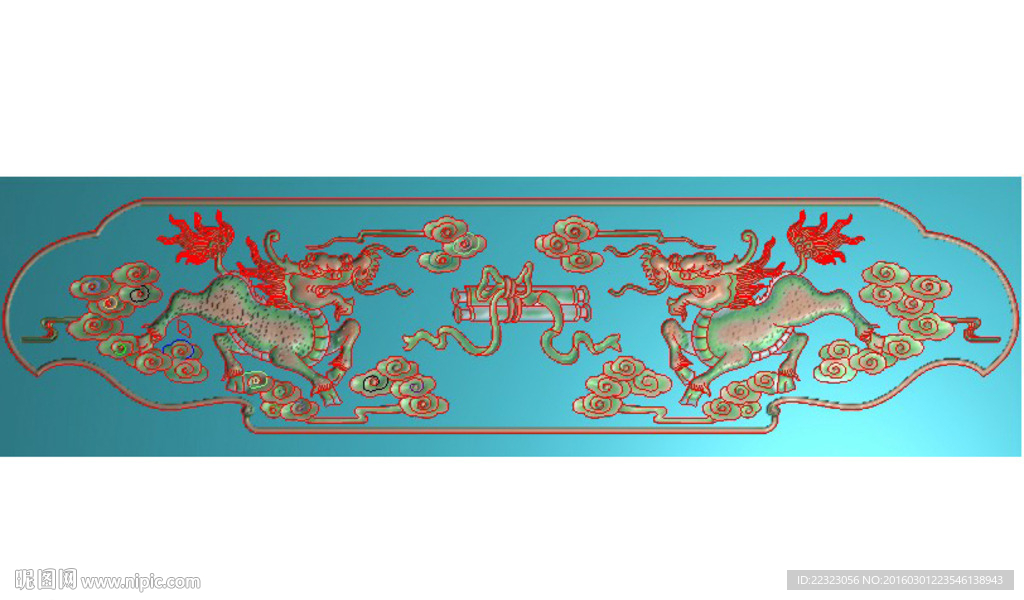 动物麒麟祥云八宝靠头精雕浮雕