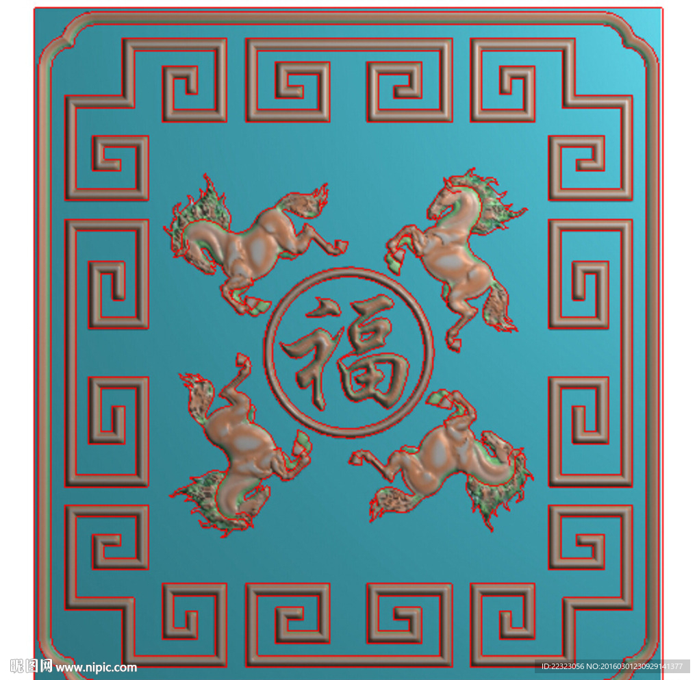 拐子纹四马福字背板精雕灰度浮雕