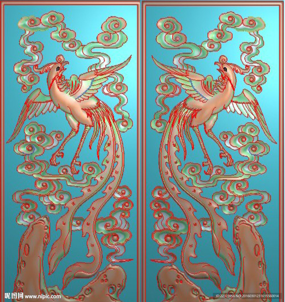 祥云凤凰背板门板精雕浮雕灰度