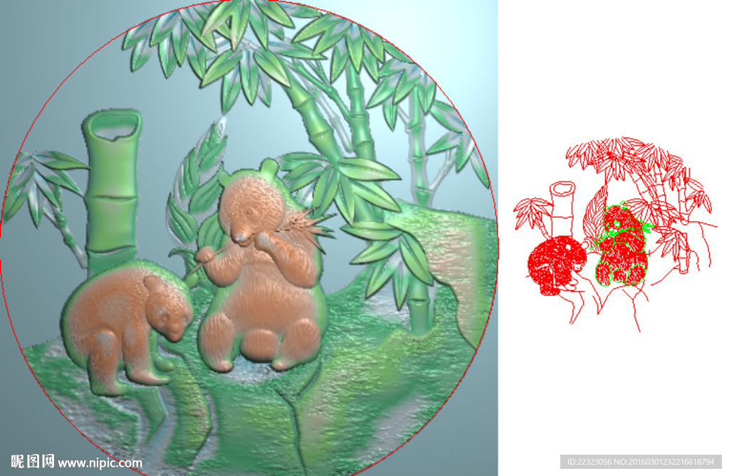 圆形国宝熊猫竹子背板雕灰度浮雕