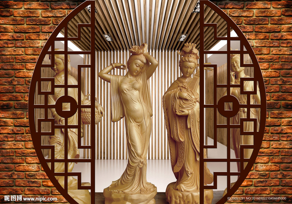 3d背景墙 木雕美女