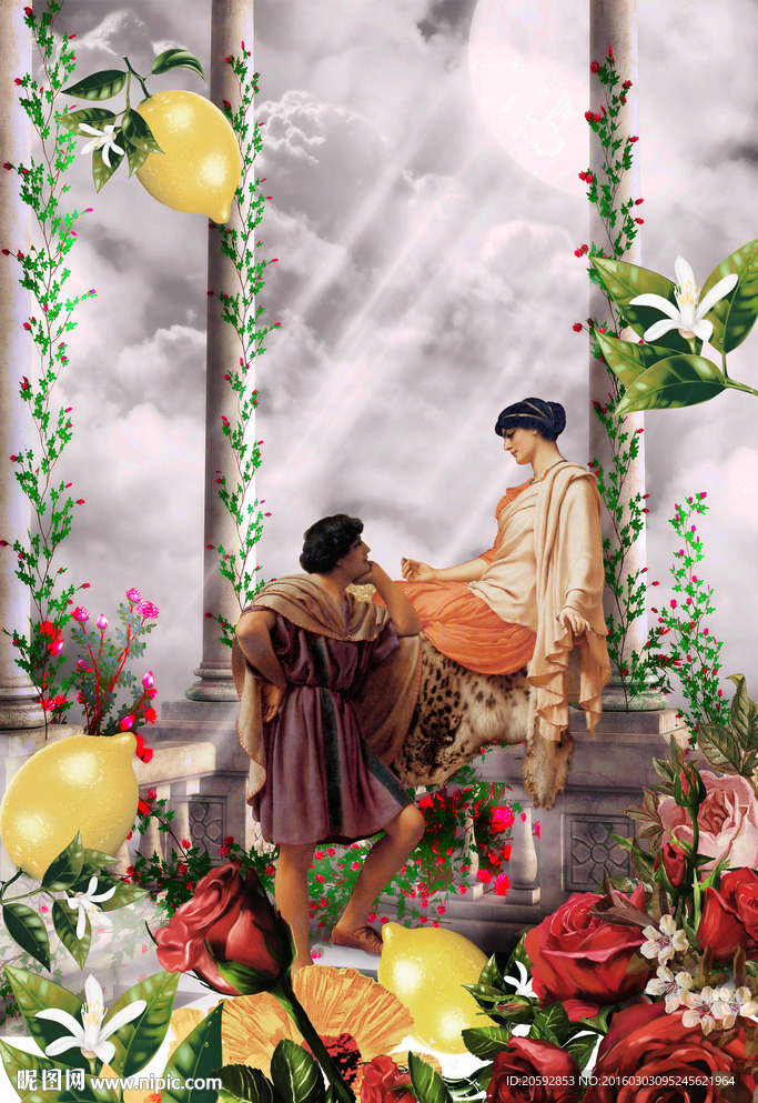 欧式唯美油画人物花卉服装定位图